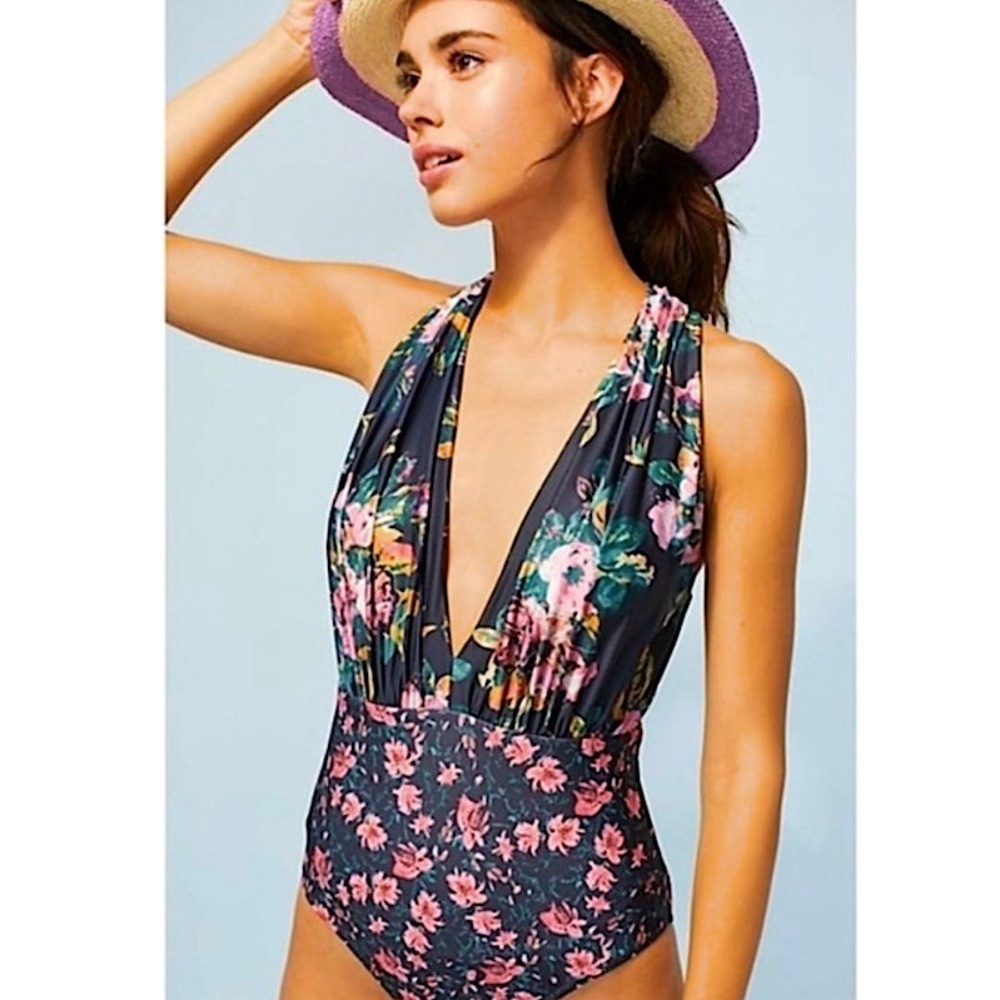 Anthropologie Navy One-Piece Swimsuit with Pink & Green Floral